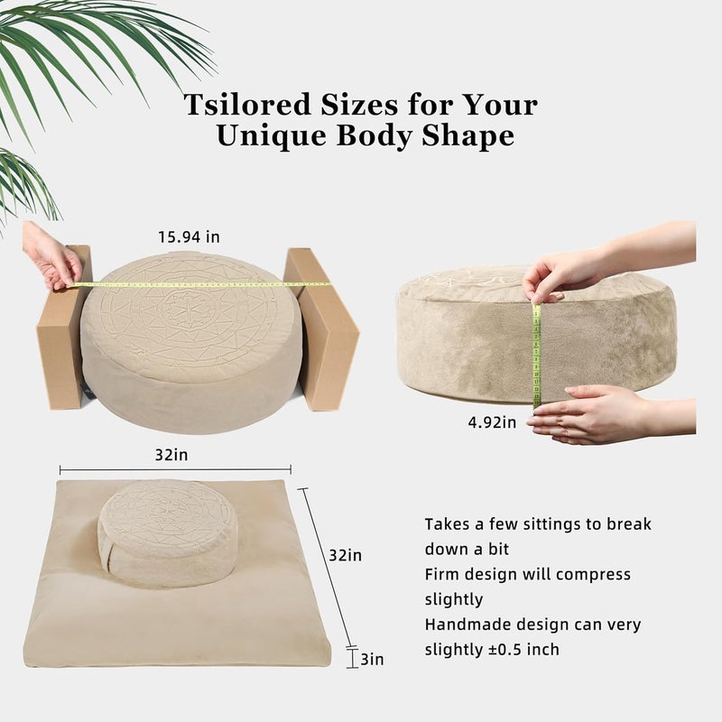 ellier Zafu & Zabuton Meditation Cushion Set - Buckwheat Hull & Memory Foam Pillows, Ergonomic Support for Yoga, Mindfulness - Organic Velvet Cover, Large Size, Durable Comfort (Khaki) - Image 4